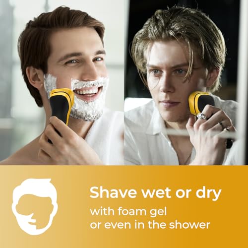 rategist Rechargeable Electric Razor for Men: 3-in-1 Shaver for Beard/Nose/Sideburns - IPX7 Waterproof Travel Kit - Turbo Speed & Precision Blades,Cyber Yellow