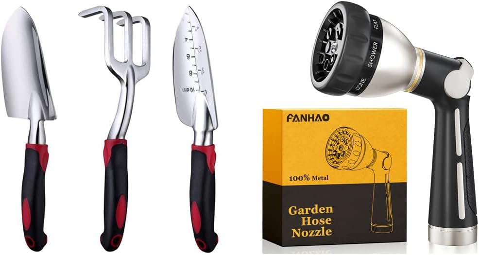 FANHAO 3 Piece Heavy Duty Gardening Tools + Garden Hose Nozzle with Thumb Control