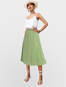Women's Midi Skirt Elastic High Waist Pleated Skirt Knee Length Swing A-Line Casual Flowy Skirts 2025