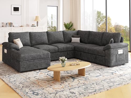 Image of 108 Inch Sectional Sleeper Sofa with Pull Out Bed, U Shaped 7 Seat Modular Sectional Sofa with Storage, Sectional Couches for Living Room, Cloud Modular Couch,Removable Sofa Cover, Dark Grey