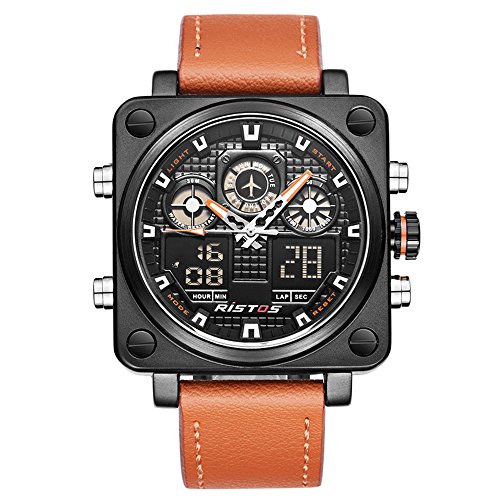 Men's Square Military Sport Watch, Dual Dial Analog LED Digital Quartz Multifunction Waterproof Watch (Brown)