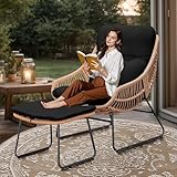 HOMEZILLIONS Outdoor Wicker Papasan Egg Chair with Ottoman, Patio Basket Lounge Chair Indoor Egg-Shaped Rattan Reading Lounger with Thick Cushion for Living Room Bedroom Balcony Porch, Black