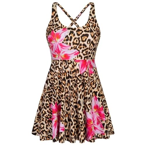 HUSKARY One Piece Swim Dress for Women Swimsuits 2026 Tummy Control Adjustable Strap Modest Cute Bathing Suit 20 Plus Leopard