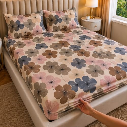 Image of Castiqa Elastic Fitted Supersoft Premium Polycotton 200TC Double Bedsheets King Size 78x72 Inch with 2 Pillow Covers (Fits Upto Mattress of 8Inches) (Multicolor VII)