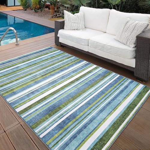 ReaLife Rugs Machine Washable Indoor Outdoor - Mat Rug Foldable Printed Thin Lightweight Cushioned Fade Resistant Patio Deck Dock Porch Pool Balcony Camping - Isla - Blue Green 5' x 7'