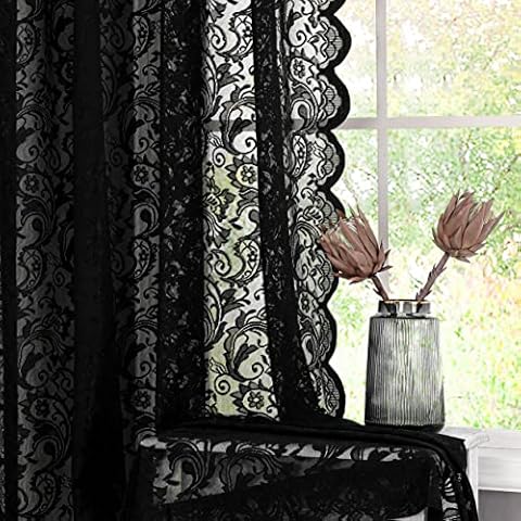 Bujasso Black Sheer Lace Curtains 84 inch Vintage Floral Sheer Gothic Curtain Panels for Living Room Bedroom Luxury Light Filtering Drapes Black Window Treatment Sets Rod Pocket 2 Panels 54" Wx84 L Cover
