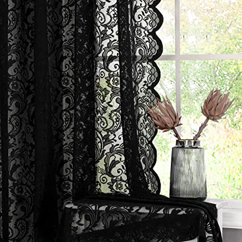 Bujasso Black Sheer Lace Curtains 63 inch Luxury Vintage Floral Sheer Window Curtain Panels for Living Room Bedroom Light Filtering Gothic Halloween Black Drapes Rod Pocket 54 Wx63 Lx2