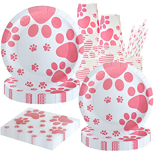 Pink Dog Paw Prints Party Supplies, Pink Dog Paw Prints Theme Tableware Set Including Pink Dog Paw Paper Plates Cups Napkins Straws for Dog Birthday Baby Shower Party