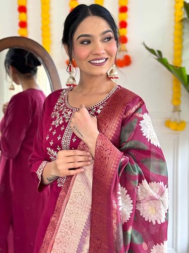 Image of Shiv Textiles Women's Chanderi Silk Embroidered Kurta Pant Dupatta Set(JDA-SACHI-WINE-2XL)