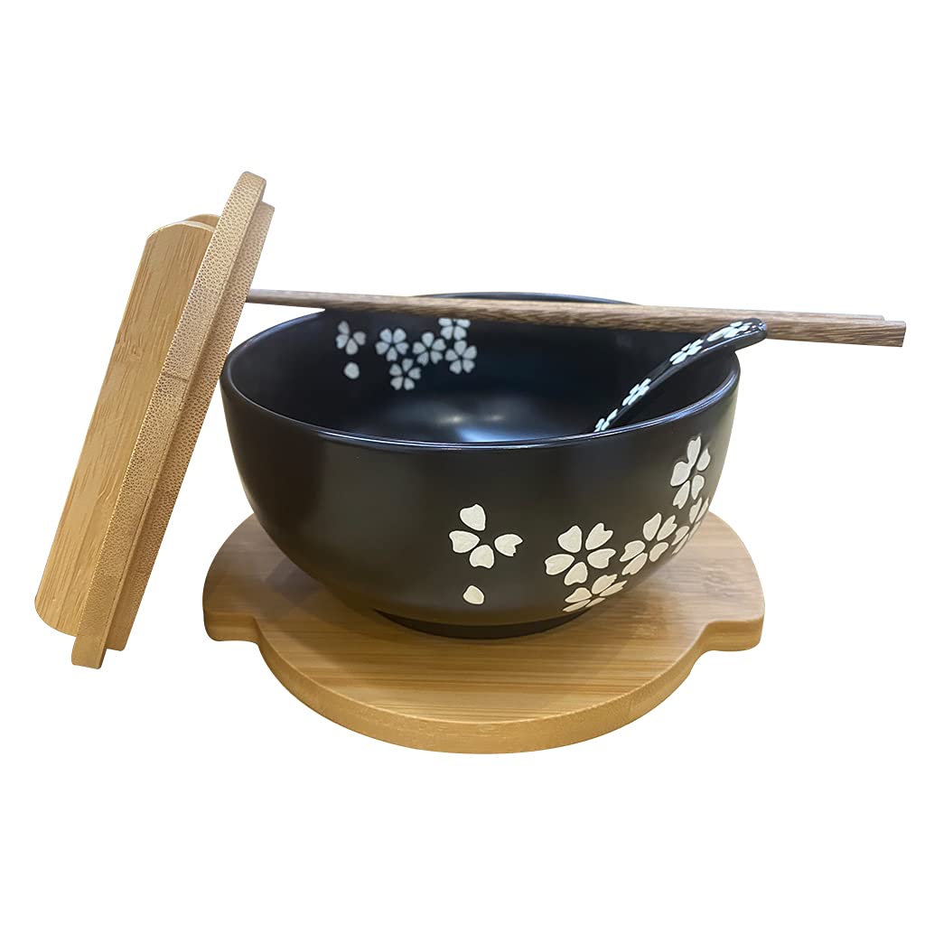 zaqiming Japanese Cuisine Tableware Korean Vintage Bowl Noodles Rice Bowl Japanese Style White Ceramic Instant Noodle Bowl Chopsticks with lid and Spoon Kitchen Supplies
