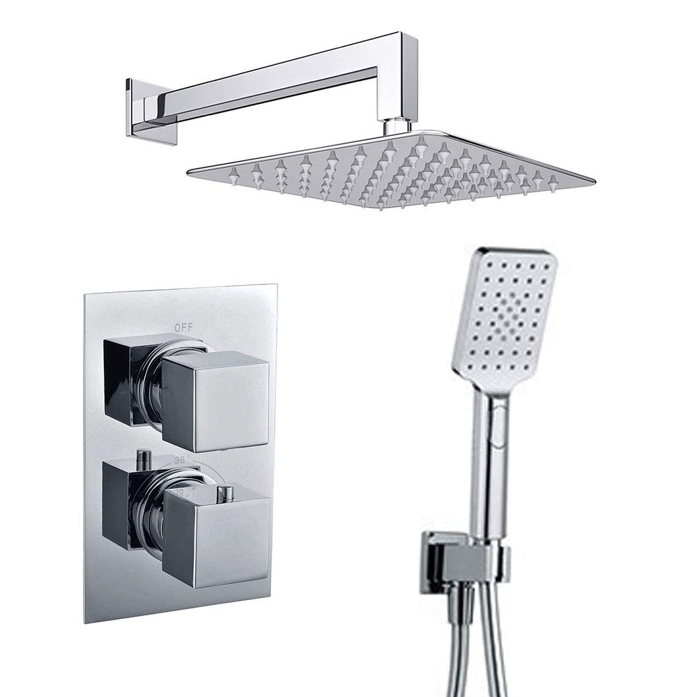 Grifo termostático ducha para empotrar ABE salida pared. Incluye soporte con toma agua, flexo PVC plateado, brazo ducha y rociador extraplano. Ducha empotrable con acabado cuadrado en cromo brillo