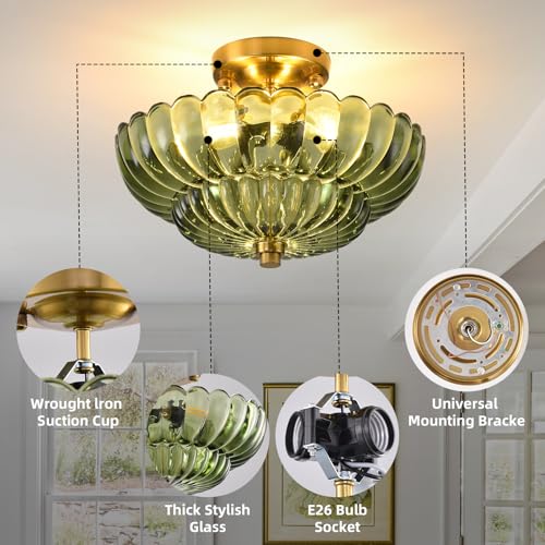 Image of Semi Flush Mount Ceiling Light, Gold Vintage Hallway Light Fixture with Green Glass 11.8 Inch, Close to Ceiling Light for Hallway Living Room Bedroom Kitchen Bathroom Foyer, E26 Base