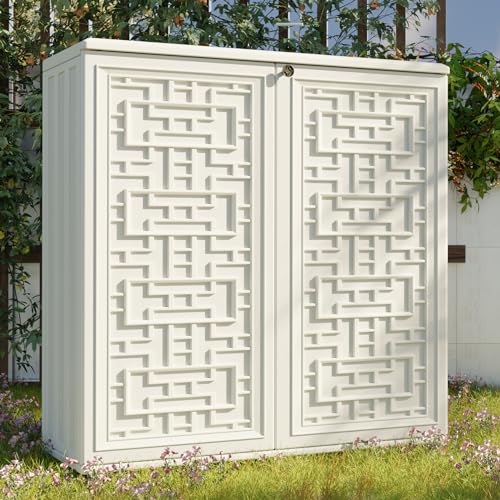 Mrosaa Indoor Outdoor Storage Cabinet Waterproof with Shelf, Off White Plastic Outdoor Cabinets for Patio/Garden/Backyard, Size 34.3''L*15''W*36.2''H - Thumbnail 7