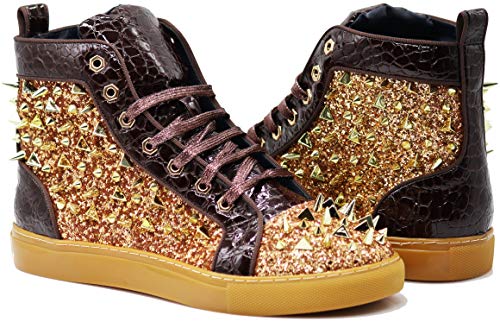 Image of Enzo Romeo Men's High Top Crystal Shimmer Rhinestone Blink Flat Spike Fashion Sneakers Shoes BUL2