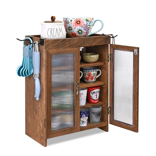 Ikee Design Wooden Countertop Storage Cabinet with Wavy Magnetic Door, Adjustable Shelves, Removable Hooks. Perfect for Perfume, Figurines, and Coffee Cups, Brown Color, 10.4 W x 6.1 D x 14.4 H in