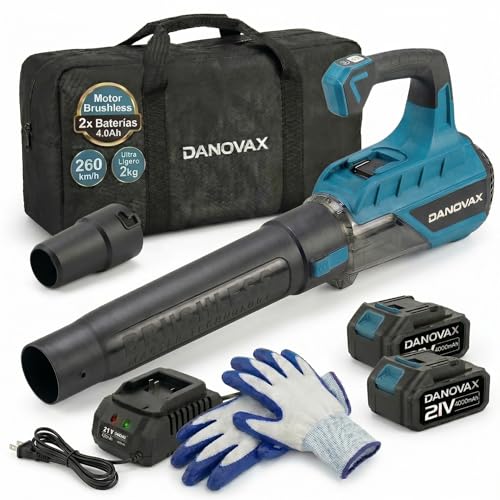 Soplador de Hojas - 2 Baterías 4Ah Incluidas - Motor Brushless - 3 Velocidades - Gran Potencia de Soplado hasta 260 km/h – Cargador con Base - Bolsa de Transporte y Guantes Incluidos