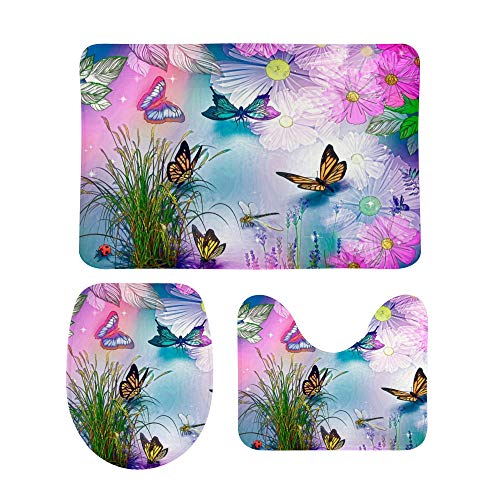 Top Carpenter Rutschfester 3-teiliges Badezimmerteppich-Set, schöne Schmetterlinge und Blumen, weicher Konturteppich…