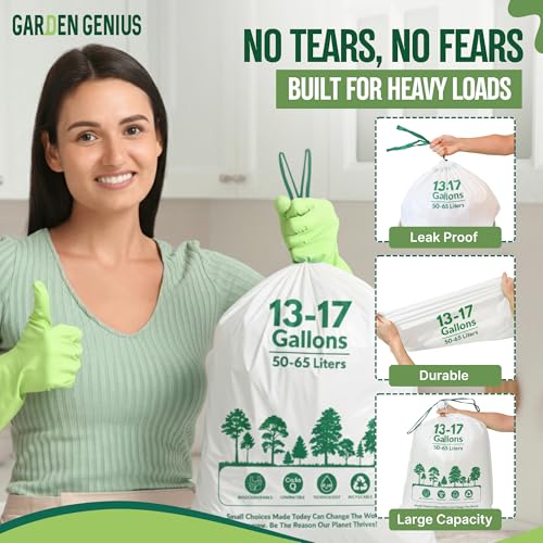Image of Biodegradable 13-17 Gallon Code-Q Trash Bags (50 Pack) | Strong Heavy-Duty Tall White Kitchen Bags w /Drawstring | Fits Simplehuman & Standard Cans | Eco-Friendly D2W, 30 Micron Thick | 25.6 inch x 33.5 inch
