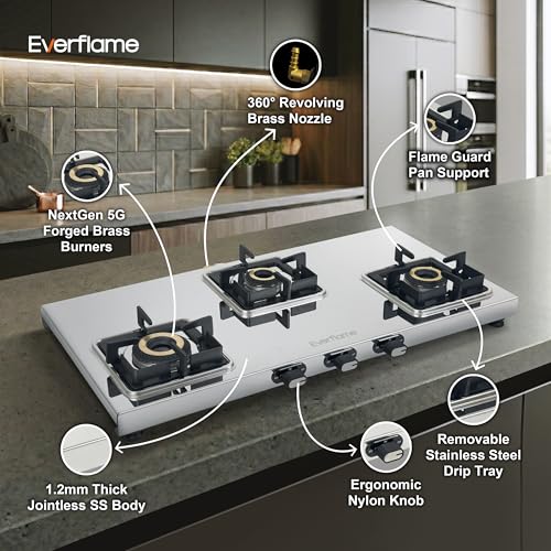 Image of Everflame Prime Gas Stove| 3 Burner Stainless Steel Stove | Manual Ignition | LPG Stove | Gas-Saver | (1.2MM)-Thick SS Body | Brass Burner | ISI Certified | 2 Years Product Warranty + Doorstep Service