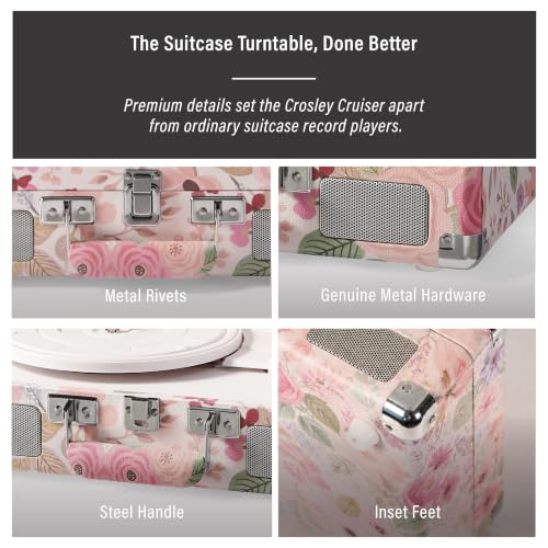 Image of Crosley CR8005F-PFG Cruiser Plus Record Player, Pink Flower Garden | 3-Speed Turntable, Bluetooth In / Out, Built-in Stereo Speakers, Isolated Internal Speakers Minimize Vibration