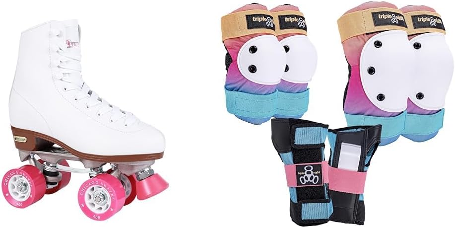 CHICAGO Premium White Quad Skates for Women Beginners Bundle with Triple Eight Sunset Pad Set