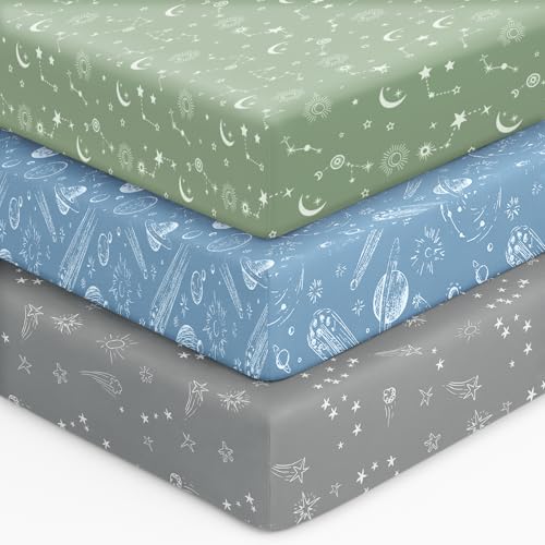 Image of Unnivoll Baby Crib Sheets for Boys Girls, 28x52x8in Fitted Crib Sheet Neutral 3 Pack for Standard Crib and Toddler Mattress, Breathable Soft Microfiber Baby Sheet Green Gray Constellation
