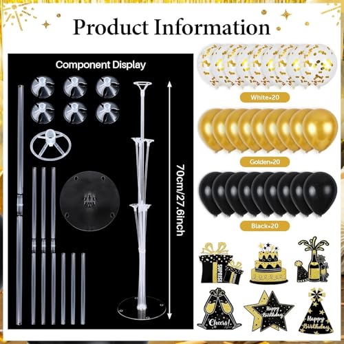 Image of 6 Sets Birthday Balloon Stand Kit for Table Happy Birthday Black Gold Balloon Centerpiece Decor Black and Gold Balloon Stand Kit for 40th 50th 60th 70th Birthday Party Decoration