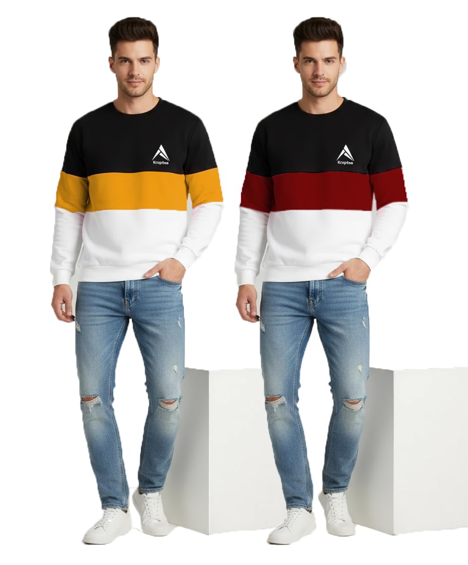 Kroptee Stylish Men's Color Block Sweatshirt Round Neck Sweatshirt(Mustard & Maroon,M) 2