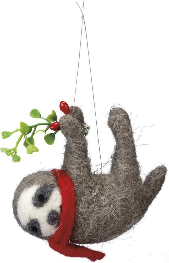 Paresseux dans une écharpe rouge déco de Noël originale, figurine suspendue avec gui hivernal