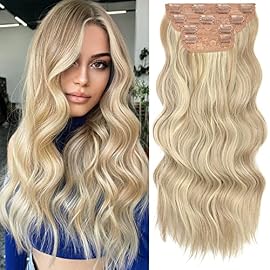 Sué Exquisite 4PCS Clip in Long Soft Glam Waves Thick Hairpieces 20 inches Platinum Blonde Highlighted Golden Brown Hair Extensions Synthetic Fiber Double Weft Hair for Women Full Head