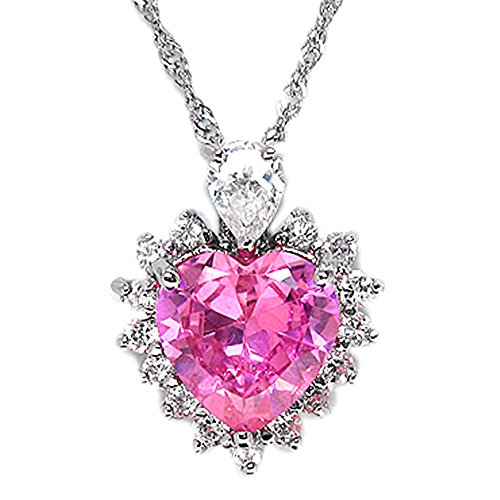 Rizilia Ocean Heart Pendant with 18" Chain & Heart Cut Gemstones CZ [Pink Sapphire] in 18K White Gold Plated, Simple Modern Elegance