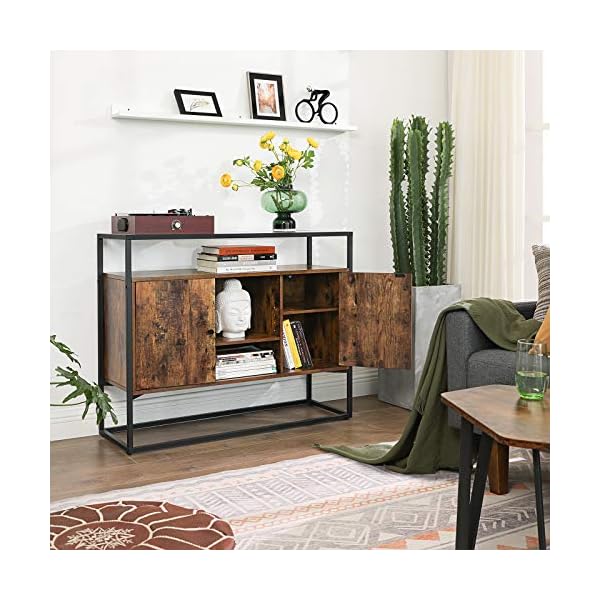 VASAGLE Sideboard, Side Cabinet, Storage Cabinet with Glass Surface and Open Compartments, Living Room, Hallway, Steel Frame, Tempered Glass, Industrial, Rustic Brown and Black LSC014B01 - Image 3