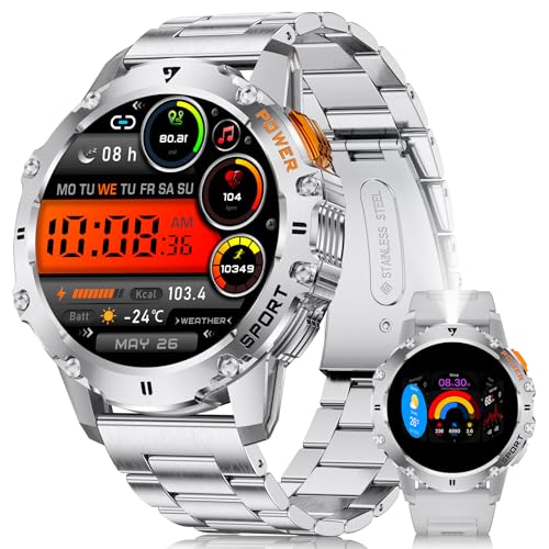 BENYAR SMART EF8-F Smartwatch Hombre con Linterna, 1.43' AMOLED, Impermeable IP68, 110 Modos Deportivos, Monitor Sueño y Ritmo Cardíaco, Podómetro, Notificaciones, para Android iOS, 2 Correas