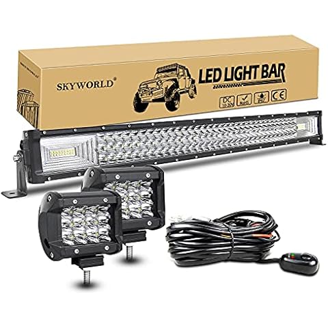 SKYWORLD 32 inch LED Light Bar 405W Triple Row Flood Spot Combo Beam Off Road Lights, 2pc 4 inch 36W Spot Pods Driving Fog Lights + Wiring Harness Kit for Trucks ATV UTV Boat Pickup Polaris Vehicles Cover