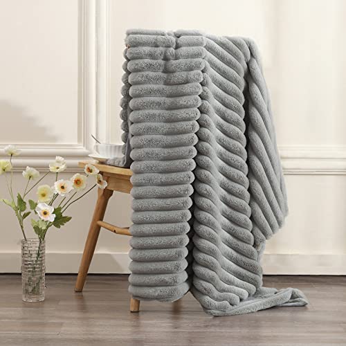 Luxenrelax Cozy Faux Fur Throw Blanket, Fuzzy Fluffy Striped Blanket For Home Deco, Warm Anti-Shedding Couch Sofa Bed Blanket, 50X60 Inches, Light Grey #TOP3