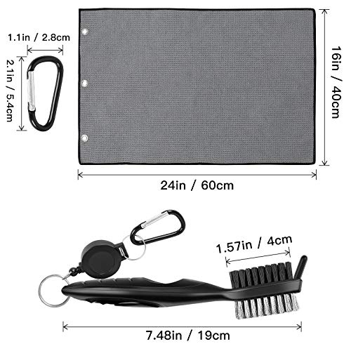 Golf Towel for Golf Bags with Clip,Waffle Pattern Tri-fold Microfiber Towel with Cleaning Brush Retractable Extension Cord,Golf Gifts for Men Women Kids (Grey Towel+Black Brush, 16\" x 24\")