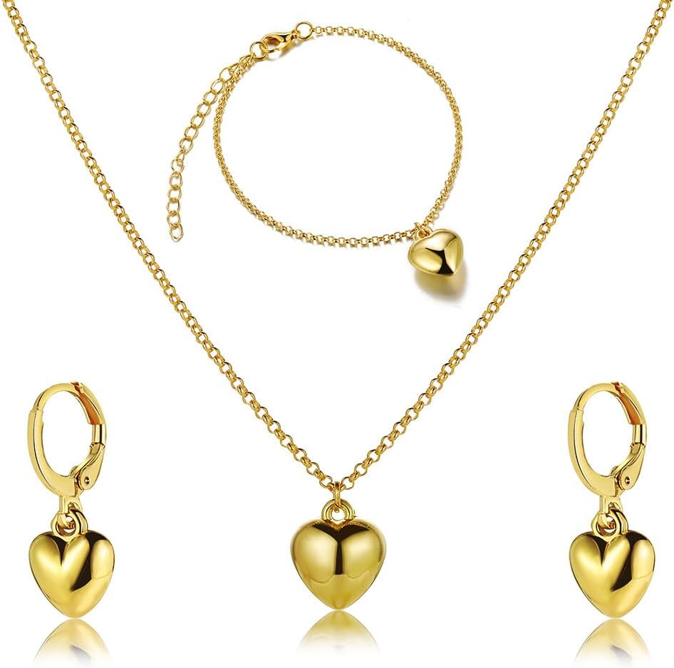 Gold Heart Earrings Bracelet Necklace Set for Women Girls Heart Dangle Drop Earrings Dainty Heart Pendant Choker Necklace Gold Plated Bangle Bracelet Adjustable Heart Accessories for Women Set of 3