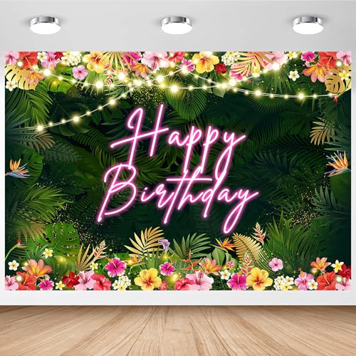 Image of Avezano Hawaiian Tropical Birthday Backdrop Tropical Palm Leaves Birthday Party Background Luau Happy Birthday Party Decorations Aloha Birthday Banner Party Banner (96 x 72 inches)