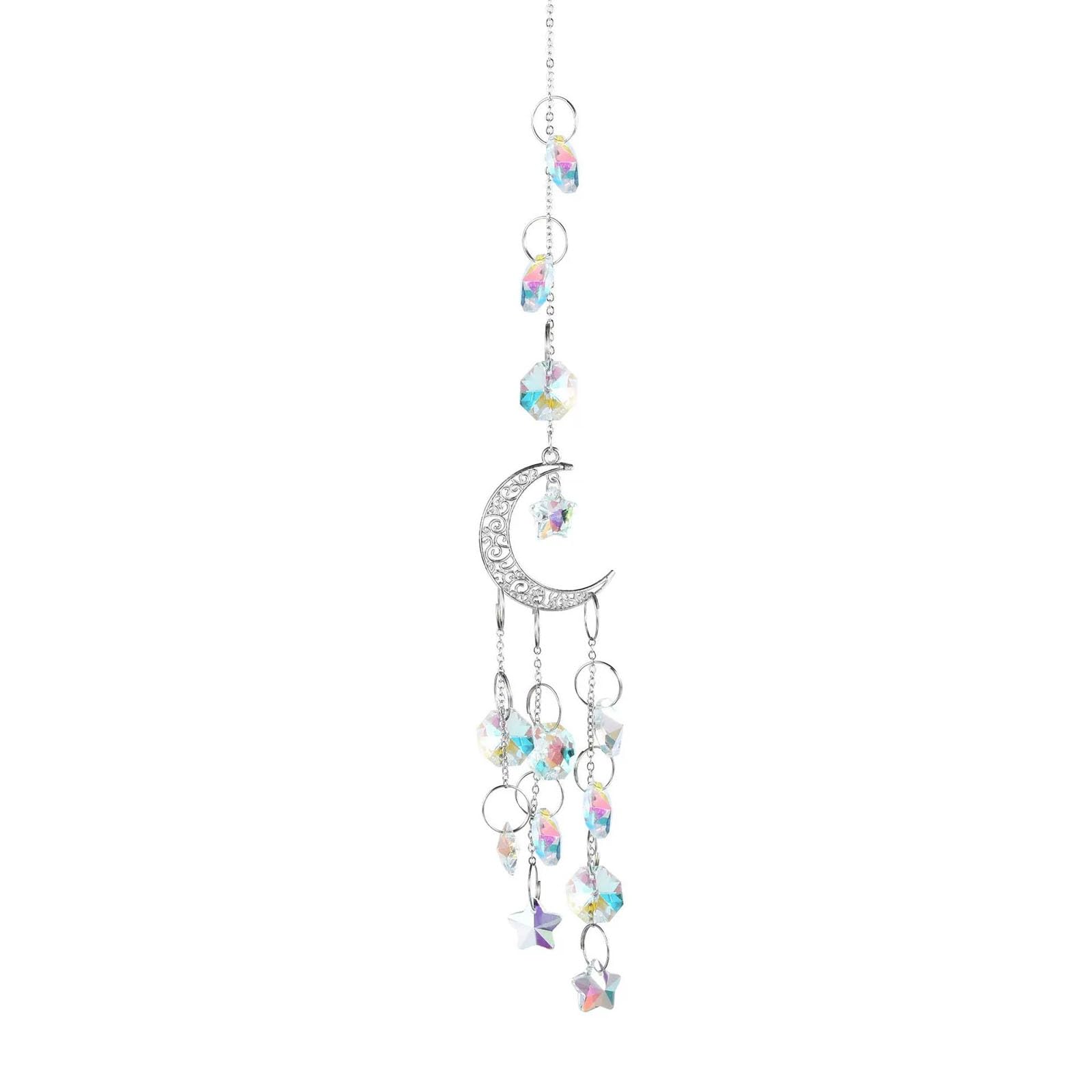 Crystal Moon Suncatchers, Light Catcher Prism for Window, Natural Healing Stones, Wind Chimes Sun Catcher, Rainbow Maker(Silver)