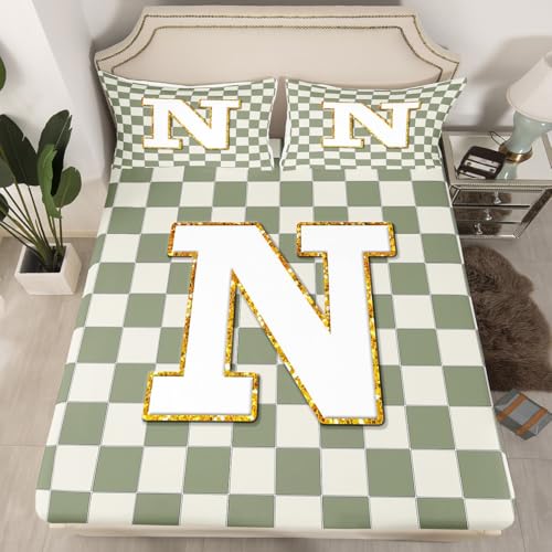 Image of Erosebridal Sage Green Checkered Bed Sheets Full Plaid Initial N Sheet Set Personalized Monogram Bedding Set for Kids Boys Girls,Fashion Grids Gingham Fitted Flat Sheets 4 Piece