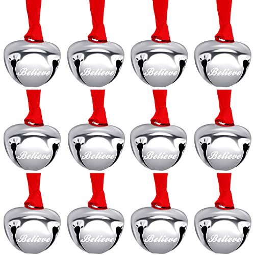 1.5 Inch Believe Bell Ornament Christmas Sleigh Bell With Red Ribbon Metal Christmas Bell Ornament For Christmas Tree Holiday Decoration (Silver, 12 Pieces) #TOP10