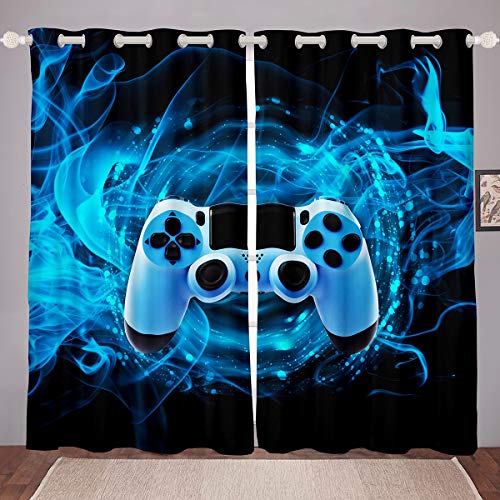 Loussiesd Games Curtain for Gaming Bedroom Living Room Gamer Room Curtains Kids Boys Video Game Gamepad Window Drapes Console Game Controller Curtain Blue W46*L54