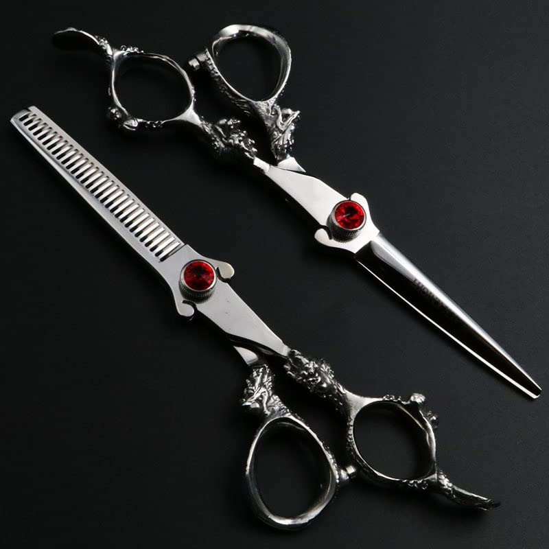 Hair Cutting Shears, 6 Inch Professional Hairdressing Scissors Set Cutting And Thinning Barber Shears Dragon Handle Ruby Style (Color : Set)