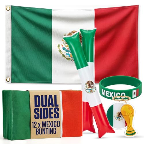 2026 World Cup Soccer Supporter Set 3x5ft Mexico Flag Bunting Thundersticks Wristband & Keyring Mexico Football Fan Set for World Cup Parties & Events