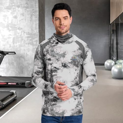 Image of Men's UPF 50+ Hoodie Shirt with Mask Long Sleeve Permanent UV Sun Protection Neck Gaiter Performance T for Outdoor