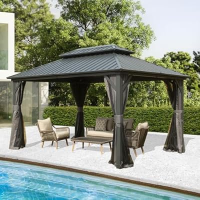 Domi Hardtop Gazebos 10x14FT, Aluminum Metal Gazebo with Galvanized Steel Double Roof Canopy, Curtain and Netting, Permanent Gazebo Pavilion for Patio, Backyard, Deck and Lawn, Grey