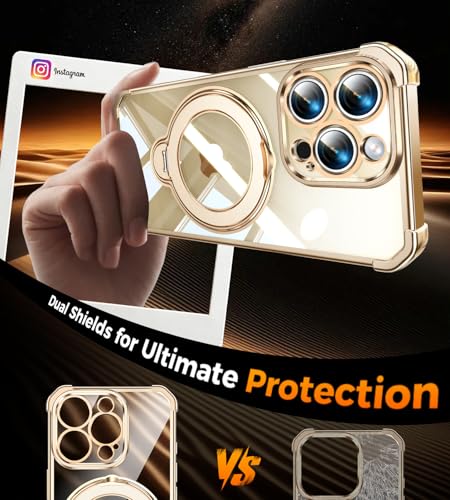 Image of Soft Case for iPhone 15 Pro with 360 Rotating Magnetic Stand, Compatible with Mag-Safe, 4X MIL-Drop Protection, Lightweight Glossy Anti-Yellowing Clear Back Phone Cover for iPhone 15 Pro 6.1 inch, Gold