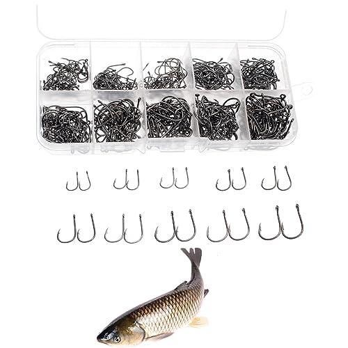 KOMUNJ 500pcs Carbon Steel Barbed Sea Fish Hooks - Eyed Carp Fishing Tackle Set for Saltwater or Freshwater
