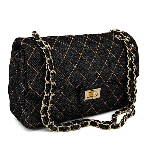 Image of M-ioi-M Quilted Denim Crossbody Bags for Women, Chain Strap Shoulder Bags, Medium Double Flap Purse, Gold Hardware Jean Purse