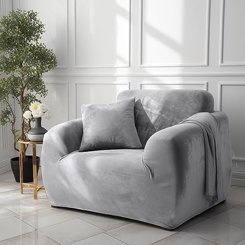 NAKIHOUSE Dicke Samt Sofa Überwürfe Sofabezug mit einem Kissenbezug, Superweicher Elastische Sofa Abdeckung in Silber Grau Farbe für 1/2/3/4 Sitzer（L-förmiges Ecksofa erfordert Zwei）